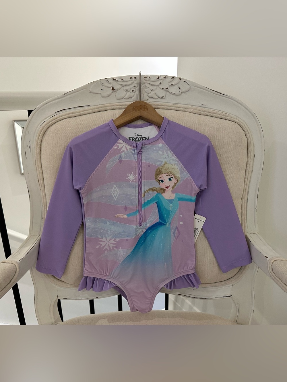 🤍 4T Disney Frozen Girls' Purple Long Sleeve Elsa One-Piece Ruffled Swimsuit NWT